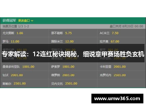 专家解读：12连红秘诀揭秘，细说意甲赛场胜负玄机